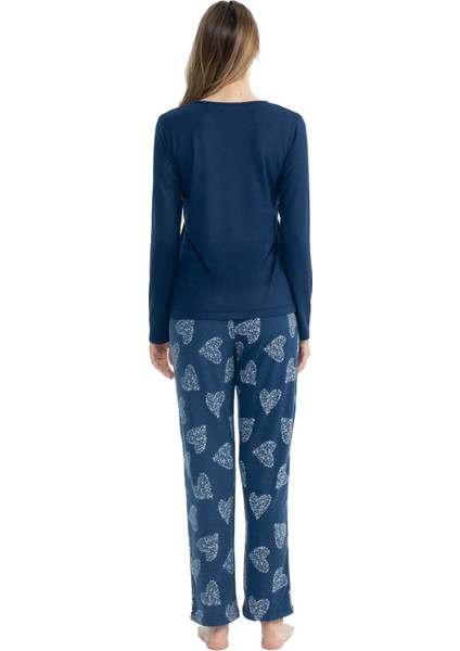Kadın Lacivert Yuvarlak Yaka Pijama Takımı