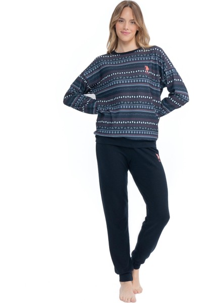 Kadın Lacivert Yuvarlak Yaka Pijama Takımı