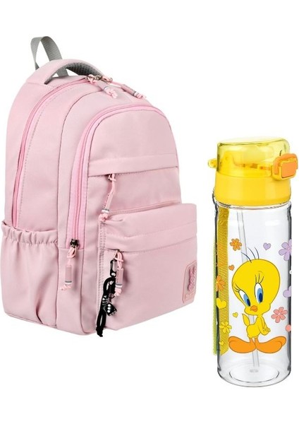 Pembe Okul Çantası 2'li Set Su Itici Özel Kumaş Hafif Lise ve Ortaokul Sırt Çantası Tweety Suluk