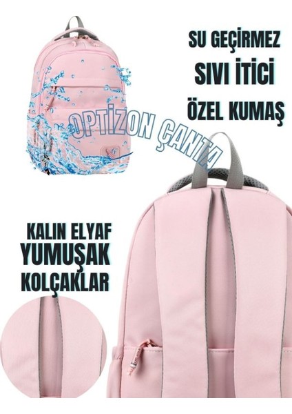 Pembe Okul Çantası 2'li Set Su Itici Özel Kumaş Hafif Lise ve Ortaokul Sırt Çantası Tweety Suluk