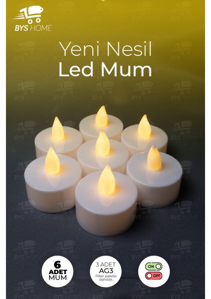 6 Adet Sarı Işıklı LED Mum El Mumu Tealight Piller Dahil Kullanıma Hazır