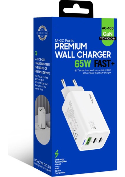 AC100 2 Pd + 1 USB Girişli 65W Gan Premium Hızlı Şarj Cihazı