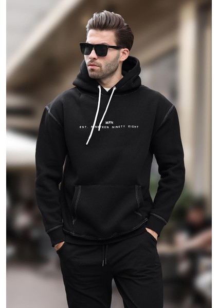 Siyah Kapüşonlu Nakış Detaylı Cepli Erkek Sweatshirt 7066