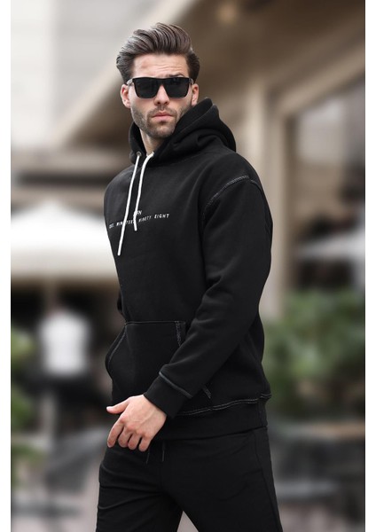 Siyah Kapüşonlu Nakış Detaylı Cepli Erkek Sweatshirt 7066 fiyatları