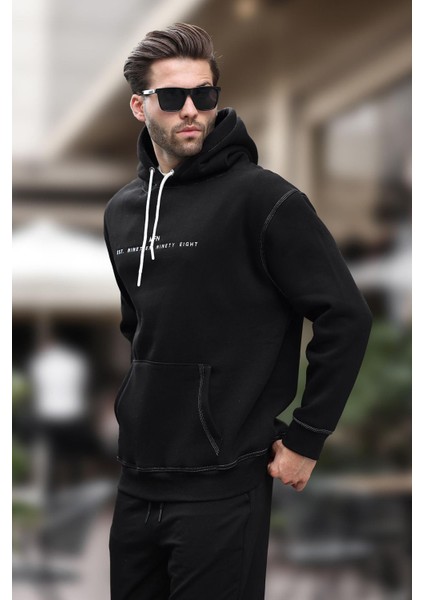 Siyah Kapüşonlu Nakış Detaylı Cepli Erkek Sweatshirt 7066 modelleri