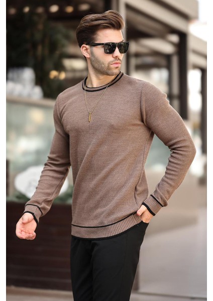 Vizon Bisiklet Yaka Şerit Detaylı Uzun Kollu Örme Kazak 7245