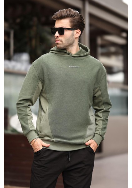 Haki Kapüşonlu Cep Detaylı Nakışlı Erkek Sweatshirt 7050