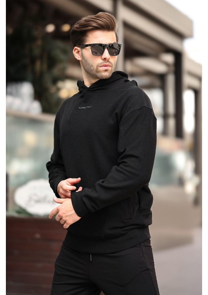 Siyah Kapüşonlu Cep Detaylı Nakışlı Erkek Sweatshirt 7050 fiyatları