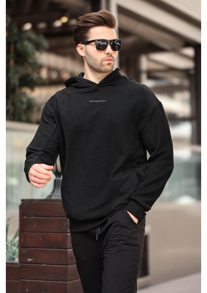 Siyah Kapüşonlu Cep Detaylı Nakışlı Erkek Sweatshirt 7050 modelleri