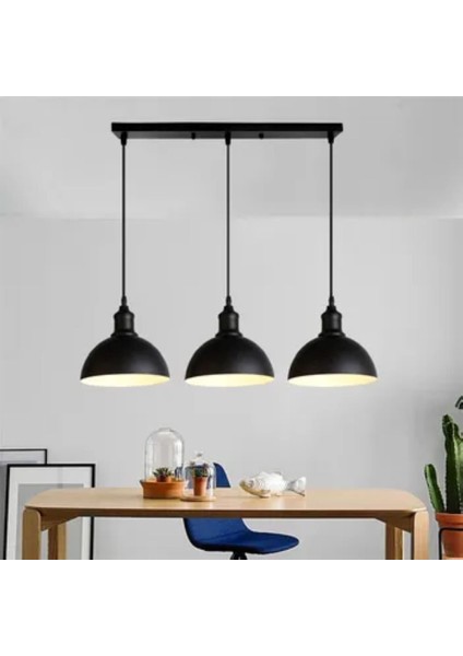 Retro,Rustik,Vintage Siyah 3xe27 Duylu Metal Masa Üstü Sıralı Avize Taban Uzunluğu:60cm