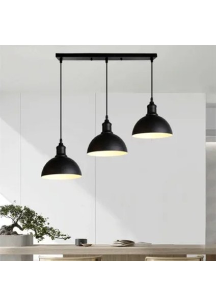 Retro,Rustik,Vintage Siyah 3xe27 Duylu Metal Masa Üstü Sıralı Avize Taban Uzunluğu:60cm