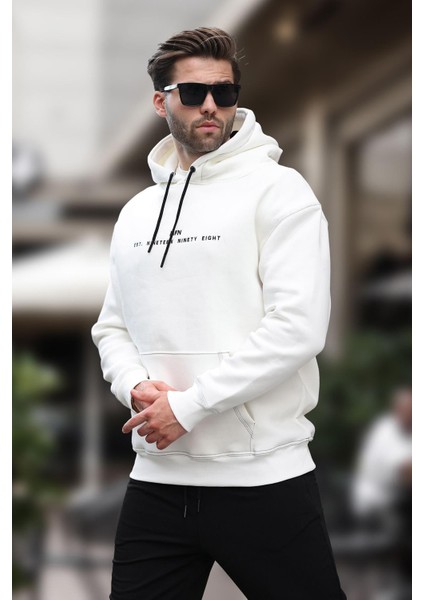 Ekru Kapüşonlu Nakış Detaylı Cepli Erkek Sweatshirt 7066
