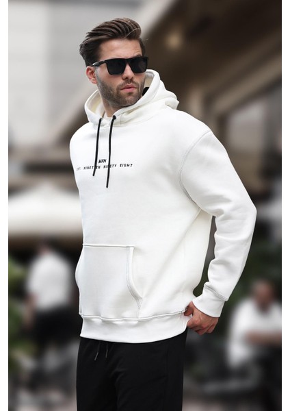 Ekru Kapüşonlu Nakış Detaylı Cepli Erkek Sweatshirt 7066 modelleri