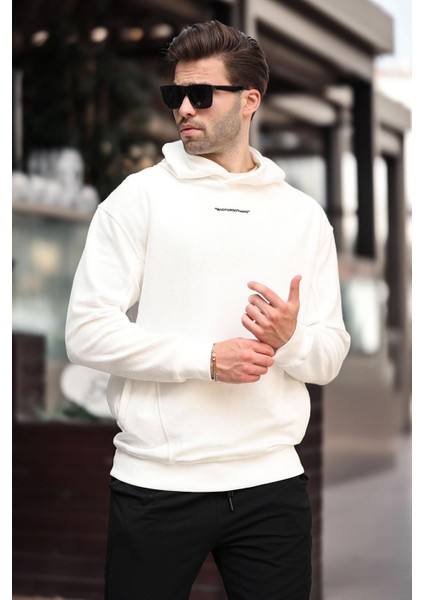 Ekru Kapüşonlu Cep Detaylı Nakışlı Erkek Sweatshirt 7050 fiyatları