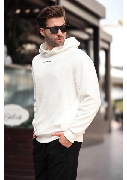 Ekru Kapüşonlu Cep Detaylı Nakışlı Erkek Sweatshirt 7050 modelleri