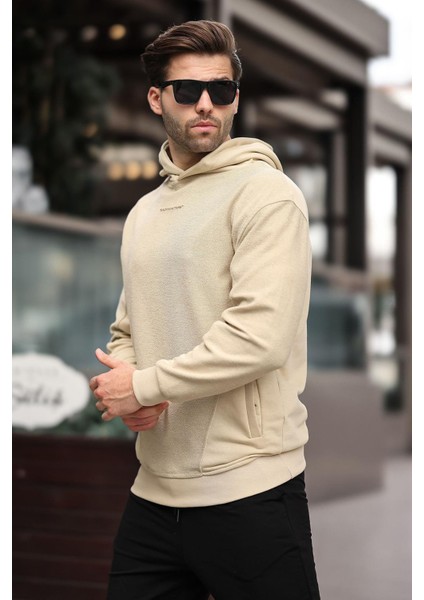 Bej Kapüşonlu Cep Detaylı Nakışlı Erkek Sweatshirt 7050 fiyatları