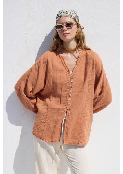Muslin Düğmeli Gömlek Turuncu