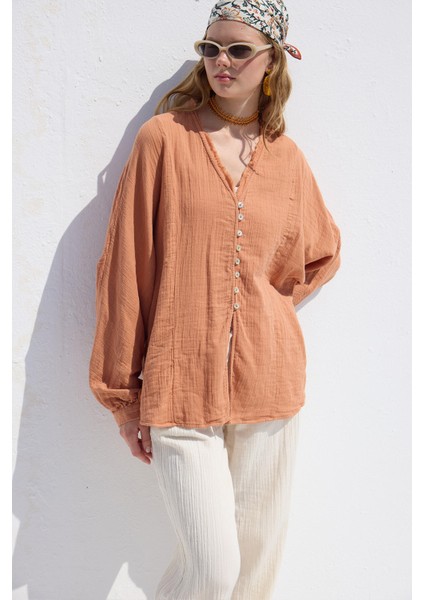 Muslin Düğmeli Gömlek Turuncu modelleri
