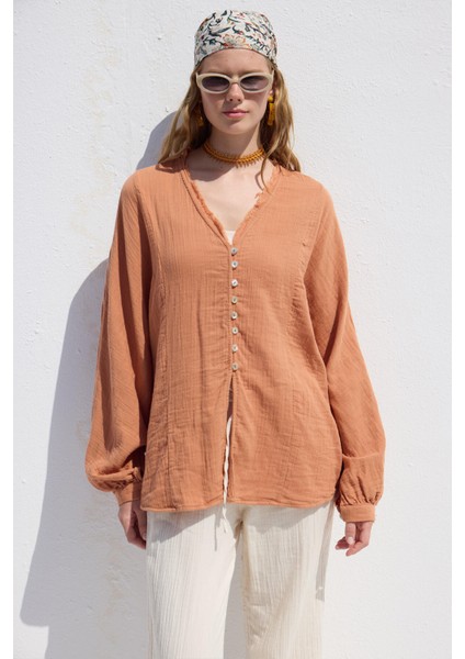 Muslin Düğmeli Gömlek Turuncu fırsatları