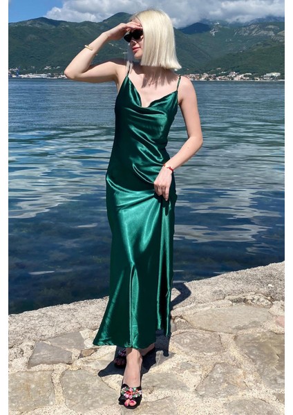 Mad Girls Yeşil Uzun Saten Elbise MG1408 modelleri