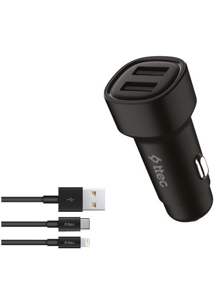 Smartcharger Duo 3.1A Araç Şarj Aleti Çift USB Ve Usb-C ve Lightning Kablo