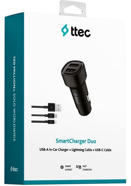 Smartcharger Duo 3.1A Araç Şarj Aleti Çift USB Ve Usb-C ve Lightning Kablo