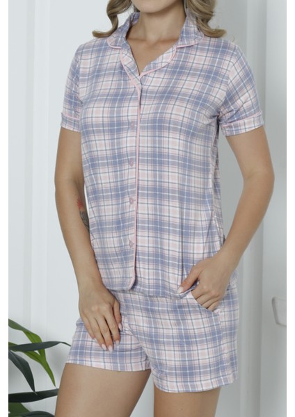 Kadın Şortlu Pijama Takımı Kısa Kollu Düğmeli Cepli Pamuk Likralı Pembe