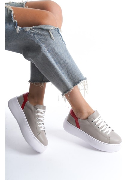 Mb6303-Gk Kadın Kalın Taban Gri Kırmızı Deri Sneaker & Spor Ayakkabı