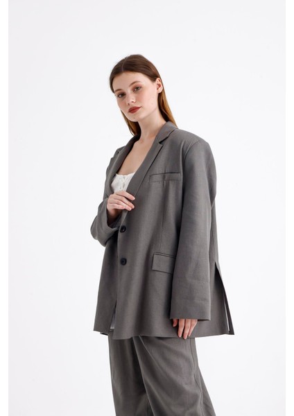 Keten Karışımlı Çift Düğmeli Yırtmaçlı Astarlı Oversize Ceket