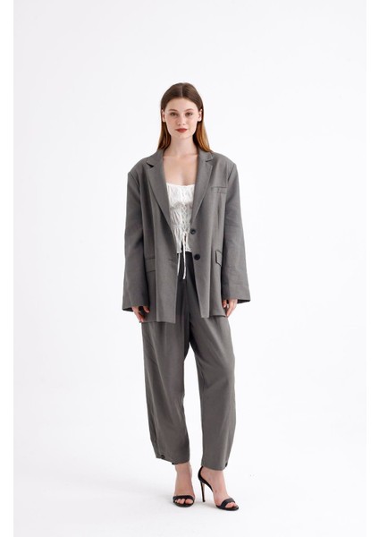 Keten Karışımlı Çift Düğmeli Yırtmaçlı Astarlı Oversize Ceket