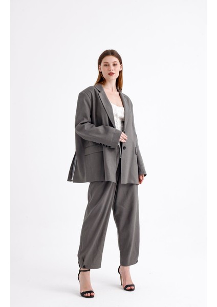Keten Karışımlı Çift Düğmeli Yırtmaçlı Astarlı Oversize Ceket