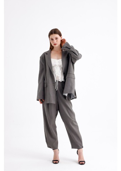 Keten Karışımlı Çift Düğmeli Yırtmaçlı Astarlı Oversize Ceket