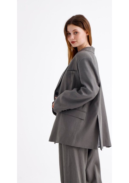 Keten Karışımlı Çift Düğmeli Yırtmaçlı Astarlı Oversize Ceket