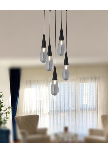 Tt023-5y-Full-Sy Tt Aydınlatma Full Mat Siyah 5 Li Damla Modeli Avize