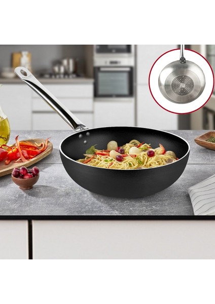 24 cm Bistro Indüksiyonlu Wok Tava, Horeca Non-Stick Indüksiyon Tabanlı Wok Tava (Çelik Boru Kulp)