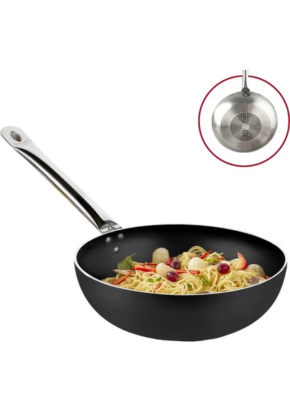 24 cm Bistro Indüksiyonlu Wok Tava, Horeca Non-Stick Indüksiyon Tabanlı Wok Tava (Çelik Boru Kulp)