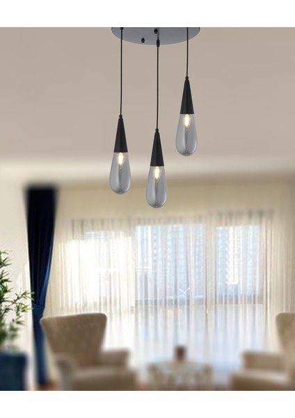 Tt023-3y-Full-Sy Tt Aydınlatma Mat Siyah 3 Lü Damla Modeli Yuvarlak Avize