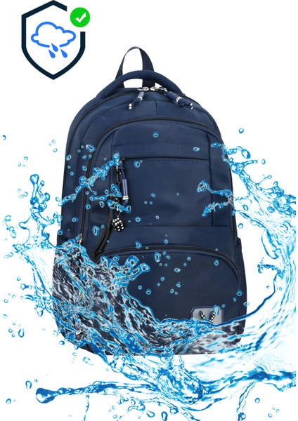 Okul Çantası Su Itici Saten Kumaş Hafif Lise ve Ortaokul Sırt Çantası - Lacivert