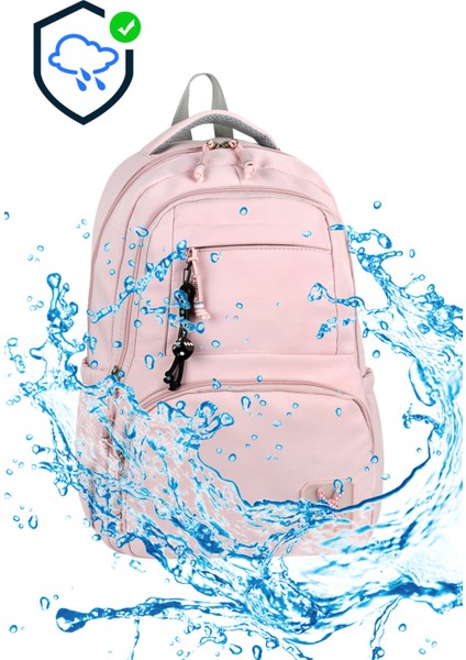 Okul Çantası Su Itici Saten Kumaş Hafif Lise ve Ortaokul Sırt Çantası - Pembe