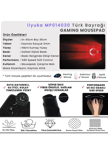 40X30CM Gaming Oyuncu Mousepad Kaymaz Kauçuk Taban Dikişli Kenar Türk Bayrağı MP014030