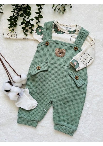 Punch Ayıcık Işlemeli Erkek Bebek Waffle Salopet (Çoraplı)