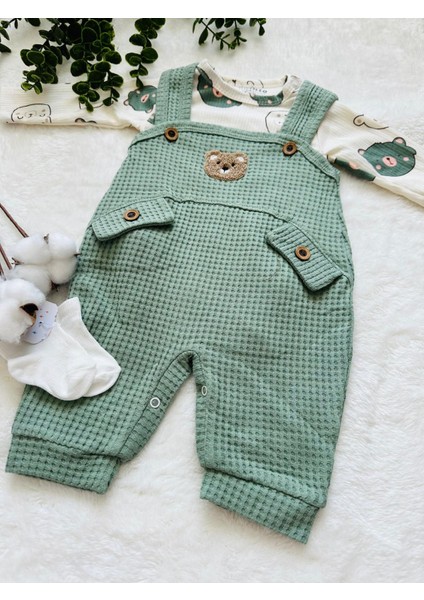 Punch Ayıcık Işlemeli Erkek Bebek Waffle Salopet (Çoraplı) modelleri
