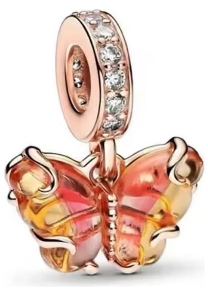 Gümüş S925 Damgalı Pembe ve Sarı Kelebek Sallantılı Charm