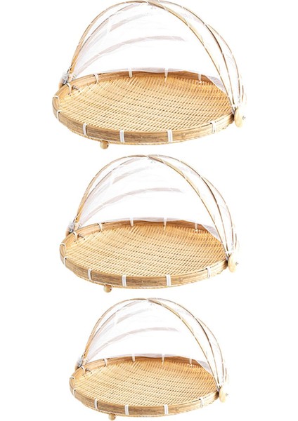 Bambu Yemek Çadırı Sepeti Net Kapaklı Yemek Sepeti Çok Amaçlı Kullanılabilir Yuvarlak (Yurt Dışından)