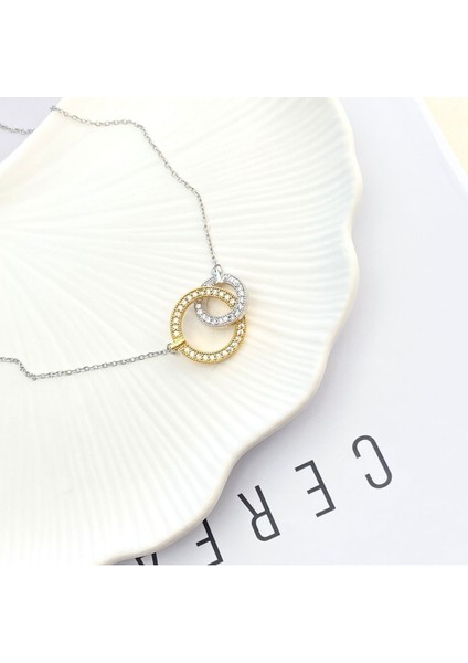 Çift Halka Kolye Tamtur Zirkon Taşlı Çelik Kolye Gold Silver 40+5cm
