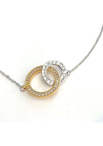 Çift Halka Kolye Tamtur Zirkon Taşlı Çelik Kolye Gold Silver 40+5cm fiyatları