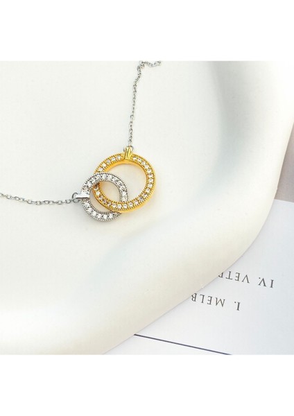 Çift Halka Kolye Tamtur Zirkon Taşlı Çelik Kolye Gold Silver 40+5cm modelleri