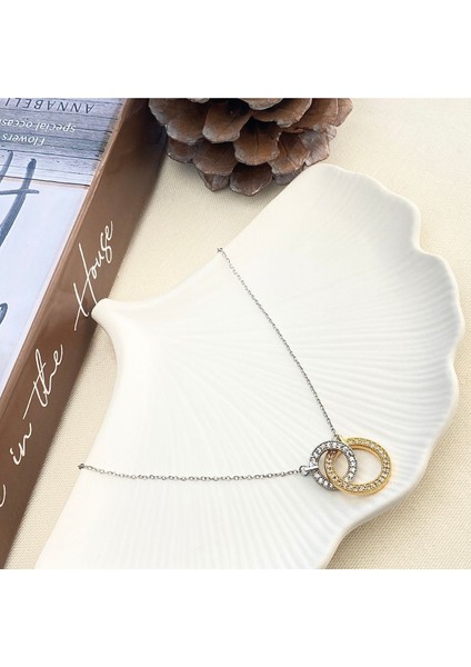 Çift Halka Kolye Tamtur Zirkon Taşlı Çelik Kolye Gold Silver 40+5cm fırsatları