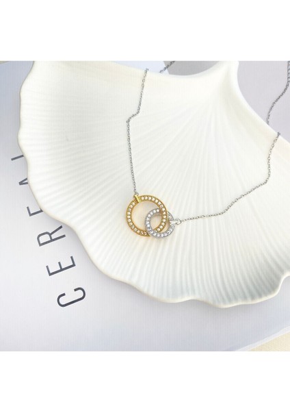 Çift Halka Kolye Tamtur Zirkon Taşlı Çelik Kolye Gold Silver 40+5cm indirimleri
