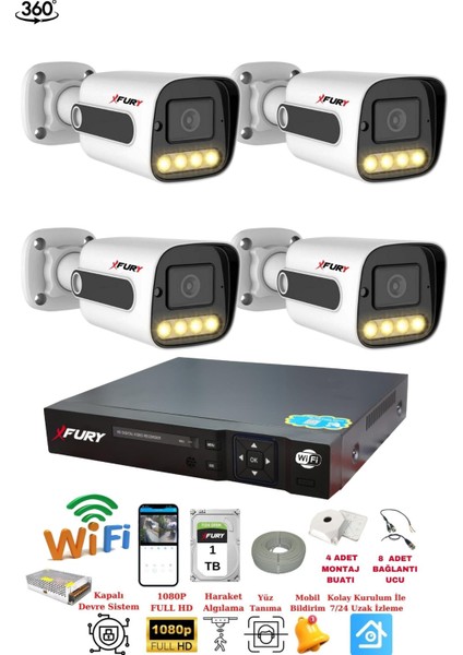4 Kamera 1080P Görüntü Gece Renkli Full Hd 4xultra LED Gece Renkli Güvenlik Kamera Seti 1tb
